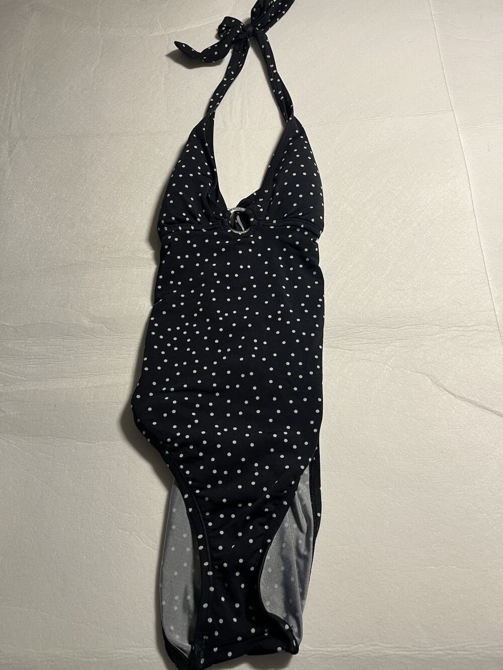 Speedo Women’s Small One Piece Swimsuit Black White Polka Dot Halter Ring Padded
